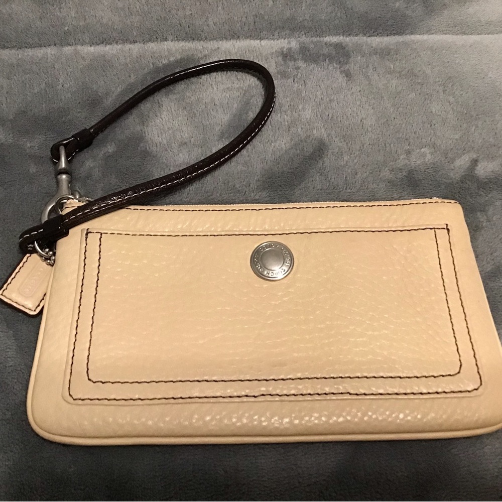COACH Cream Colored Zippered Wristlet with Brown Strap Small Front Pocket